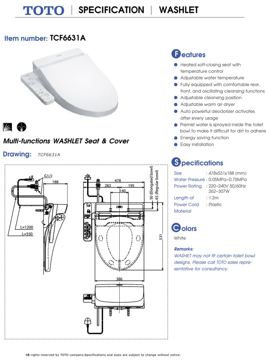 Nắp cầu TOTO TCF6631A BẢN VẼ KỸ THUẬT