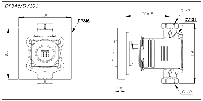 Nút bật/tắt CONTEMPORARY DP346/DV101 bản vẽ kỹ thuật