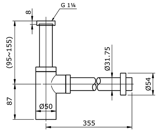 Ống thải TOTO chữ T THX1A-8 bản vẽ kỹ thuật