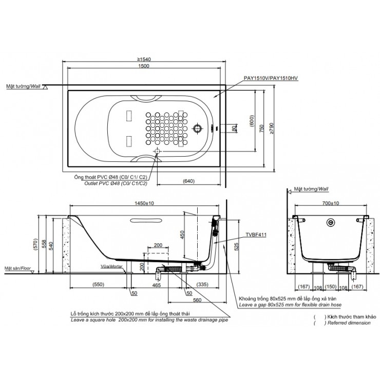 Bản vẽ kỹ thuật bồn tắm TOTO PAY1510HV#W/TVBF411