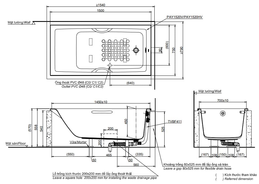 Bản vẽ kỹ thuật bồn tắm TOTO PAY1520HV/TVBF411