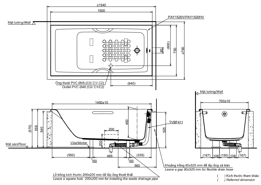 Bản vẽ kỹ thuật bồn tắm TOTO PAY1520V/TVBF411