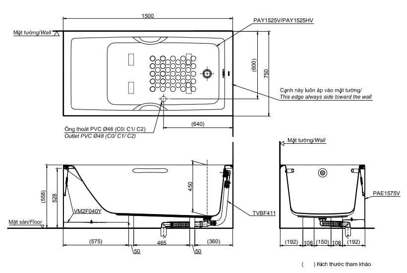 Bản vẽ kỹ thuật bồn tắm TOTO PAY1525VC/TVBF411