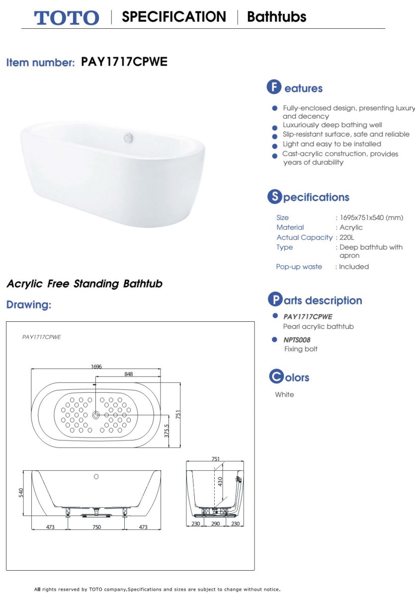 Bồn tắm nhựa TOTO  PAY1717CPWE bản vẽ kỹ thuật