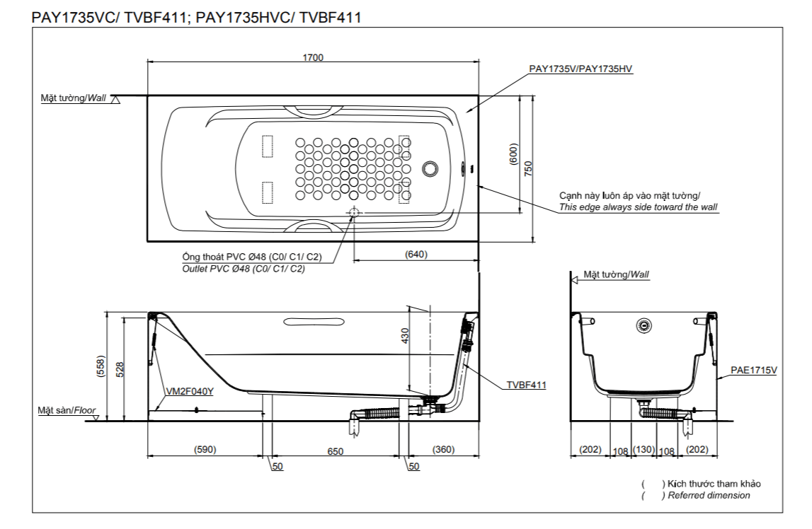 Bản vẽ kỹ thuật bồn tắm TOTO PAY1735VC/TVBF411