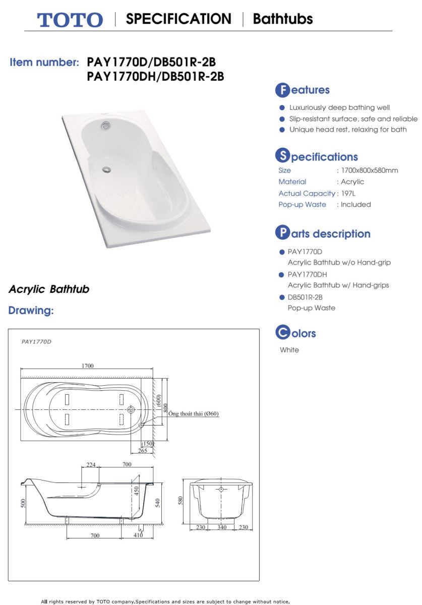 Bồn tắm nhựa TOTO tay vịn PAY1770DH/DB501R-2B bản vẽ kỹ thuật