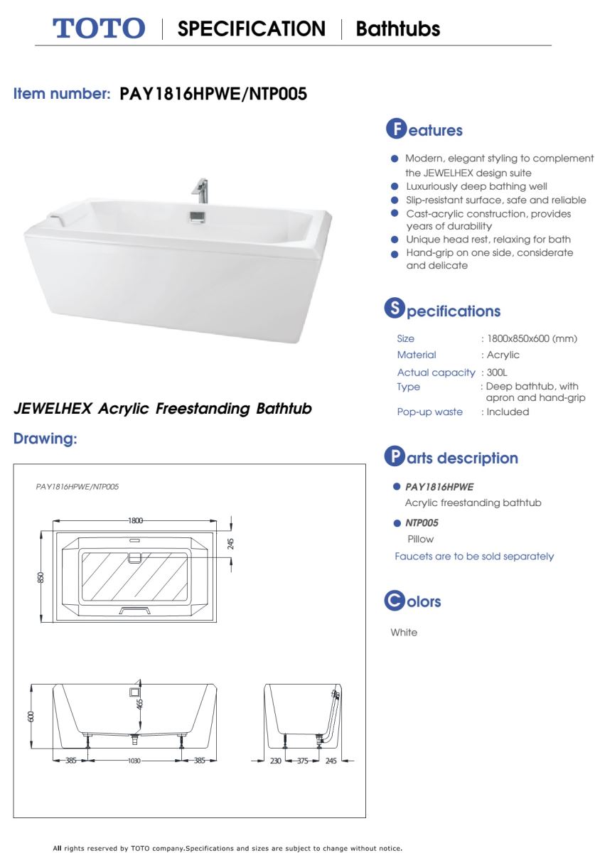 Bồn tắm nhựa  TOTO PAY1816HPWE bản vẽ kỹ thuật