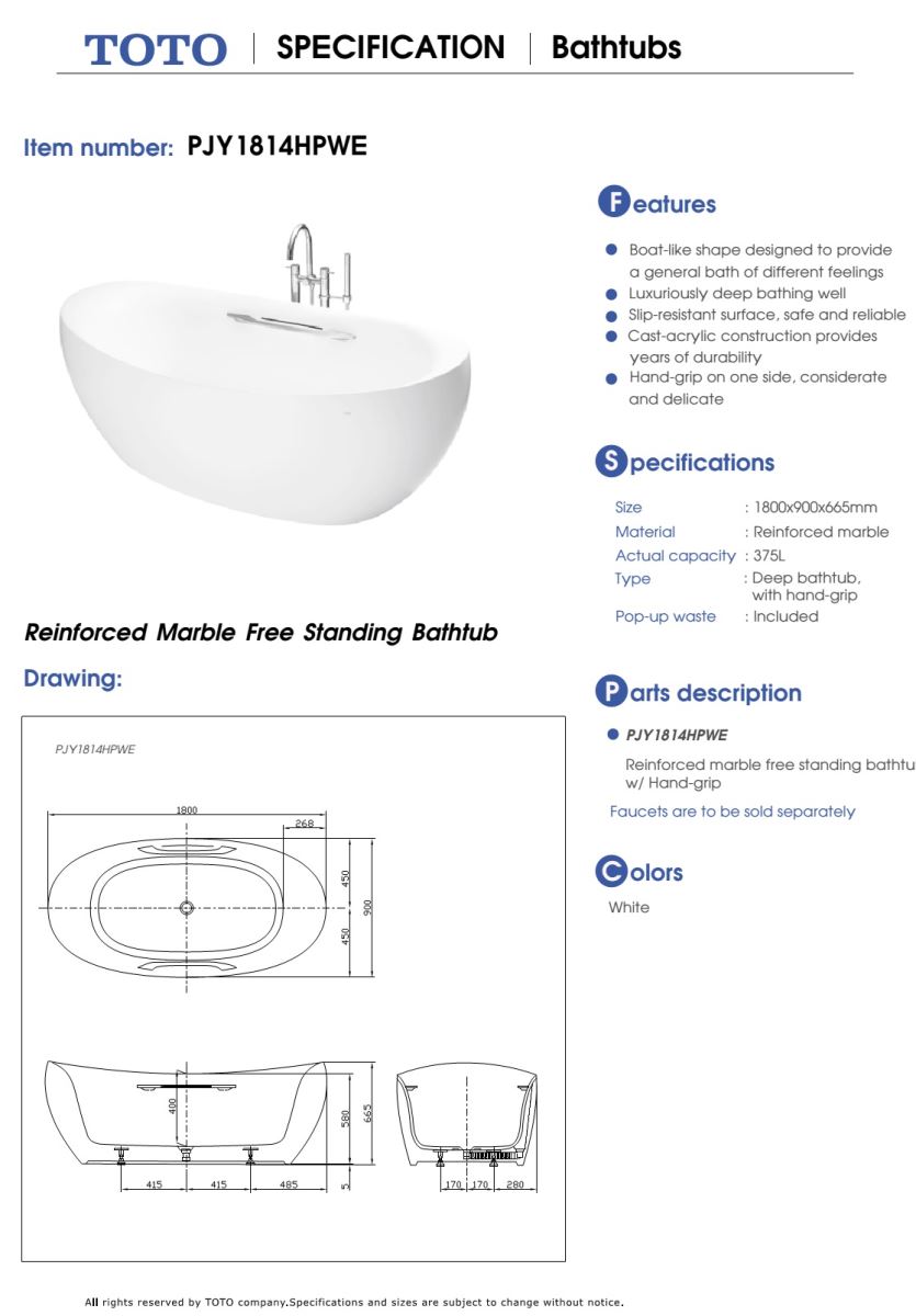 Bồn tắm nhựa FRP cao cấp TOTO PJY1814HPWE bản vẽ kỹ thuật