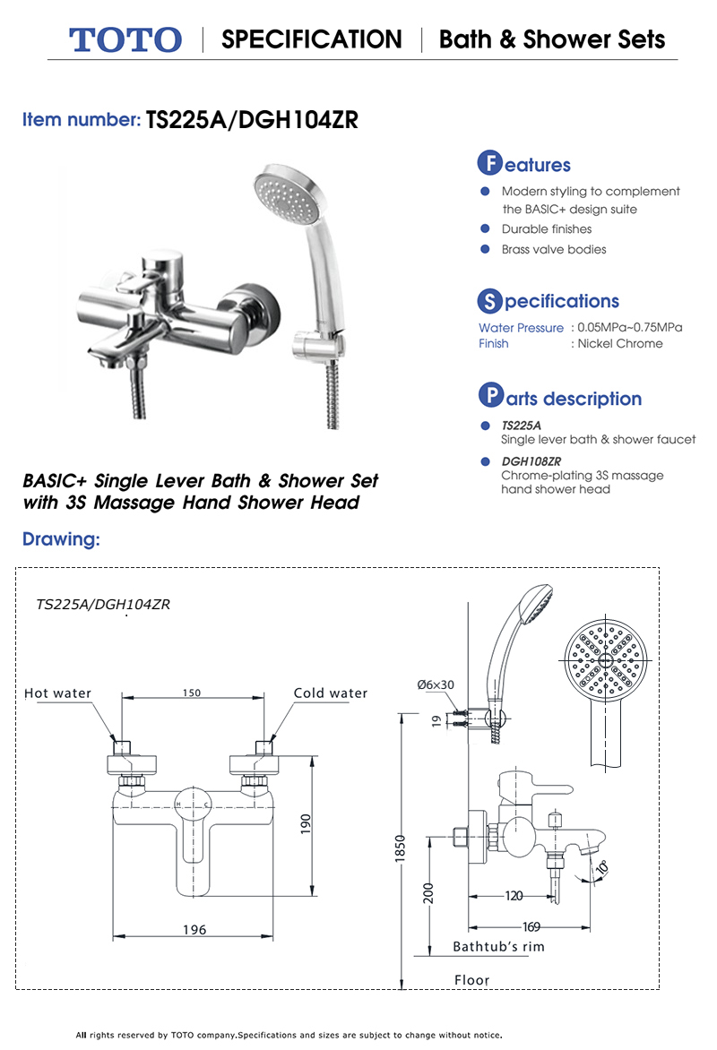 Sen tắm nóng lạnh TOTO TS225A/DGH104ZR bản vẽ kỹ thuật Sen tắm nóng lạnh TOTO TS225A/DGH104ZR bản vẽ kỹ thuật