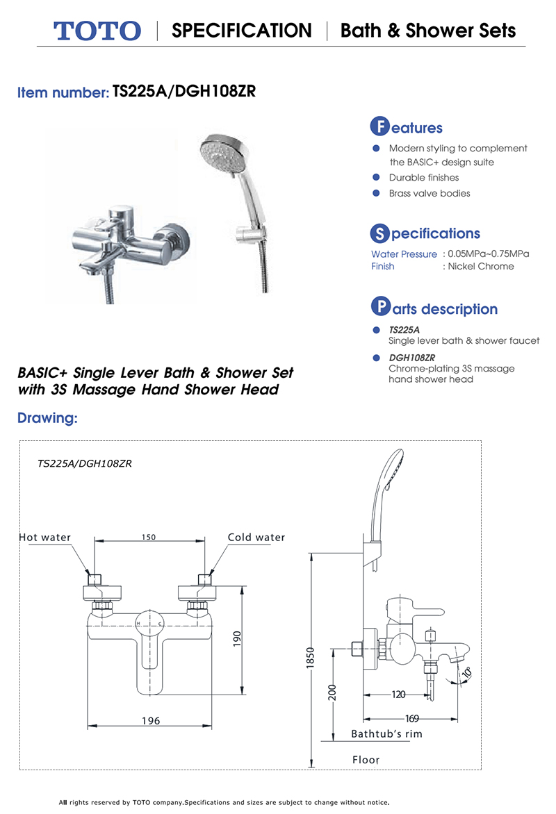 Sen tắm nóng lạnh TOTO TS225A/DGH108ZR bản vẽ kỹ thuật