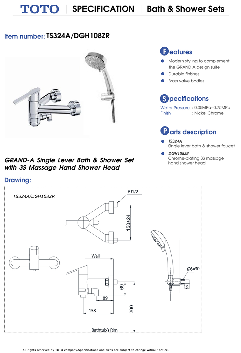 Sen tắm nóng lạnh TOTO TS324A/DGH108ZR bản vẽ kỹ thuật
