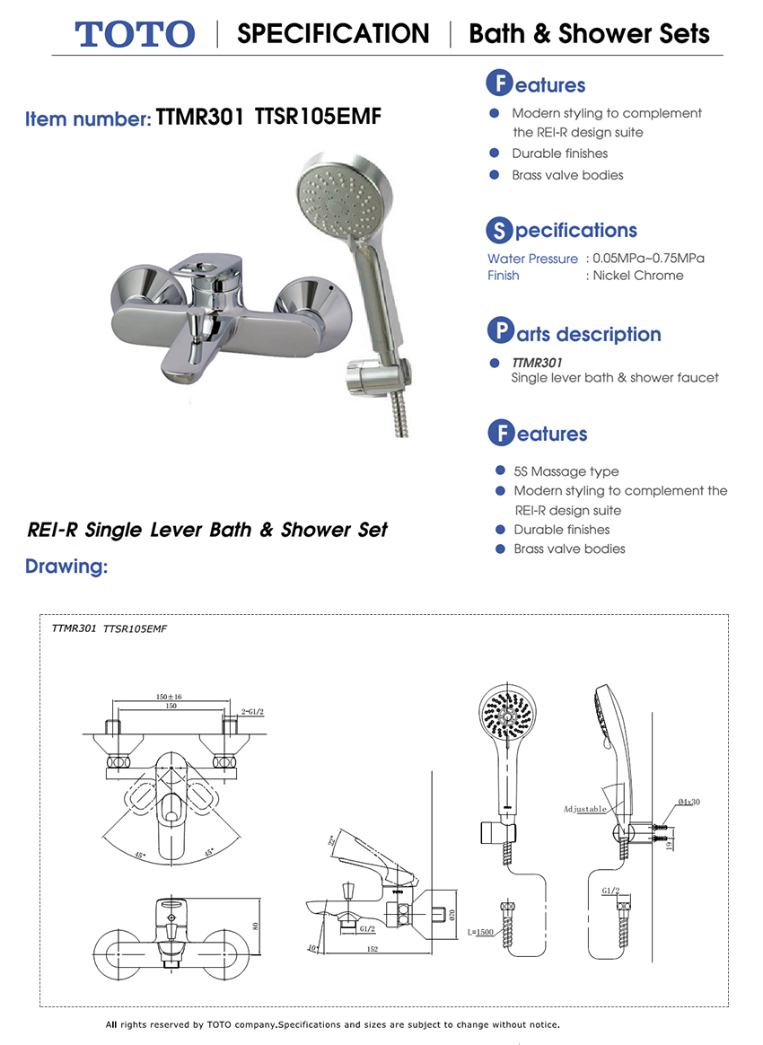 Sen tắm nóng lạnh TOTO TTMR301/TTSR105EMF BẢN VẼ KỸ THUẬT