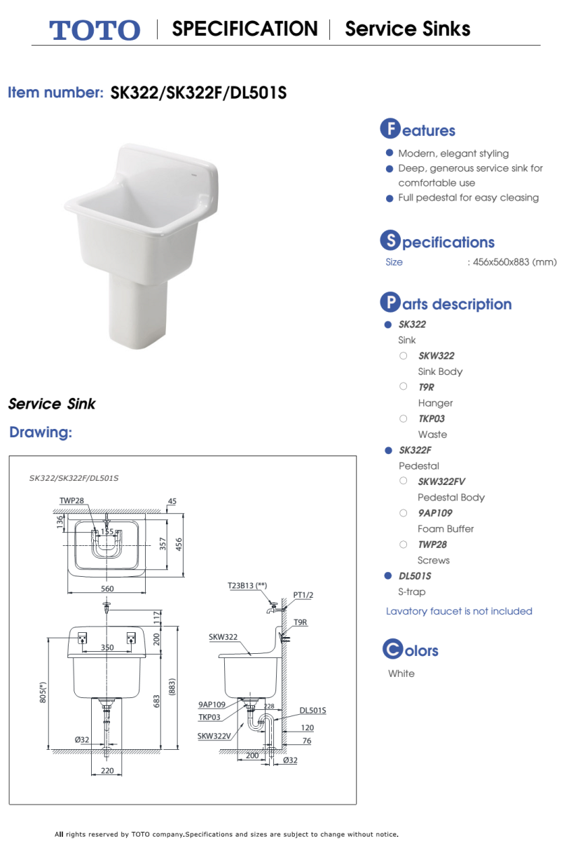 Chậu dịch vụ TOTO SK322/SK322F bản vẽ kỹ thuật Chậu dịch vụ TOTO SK322/SK322F bản vẽ kỹ thuật