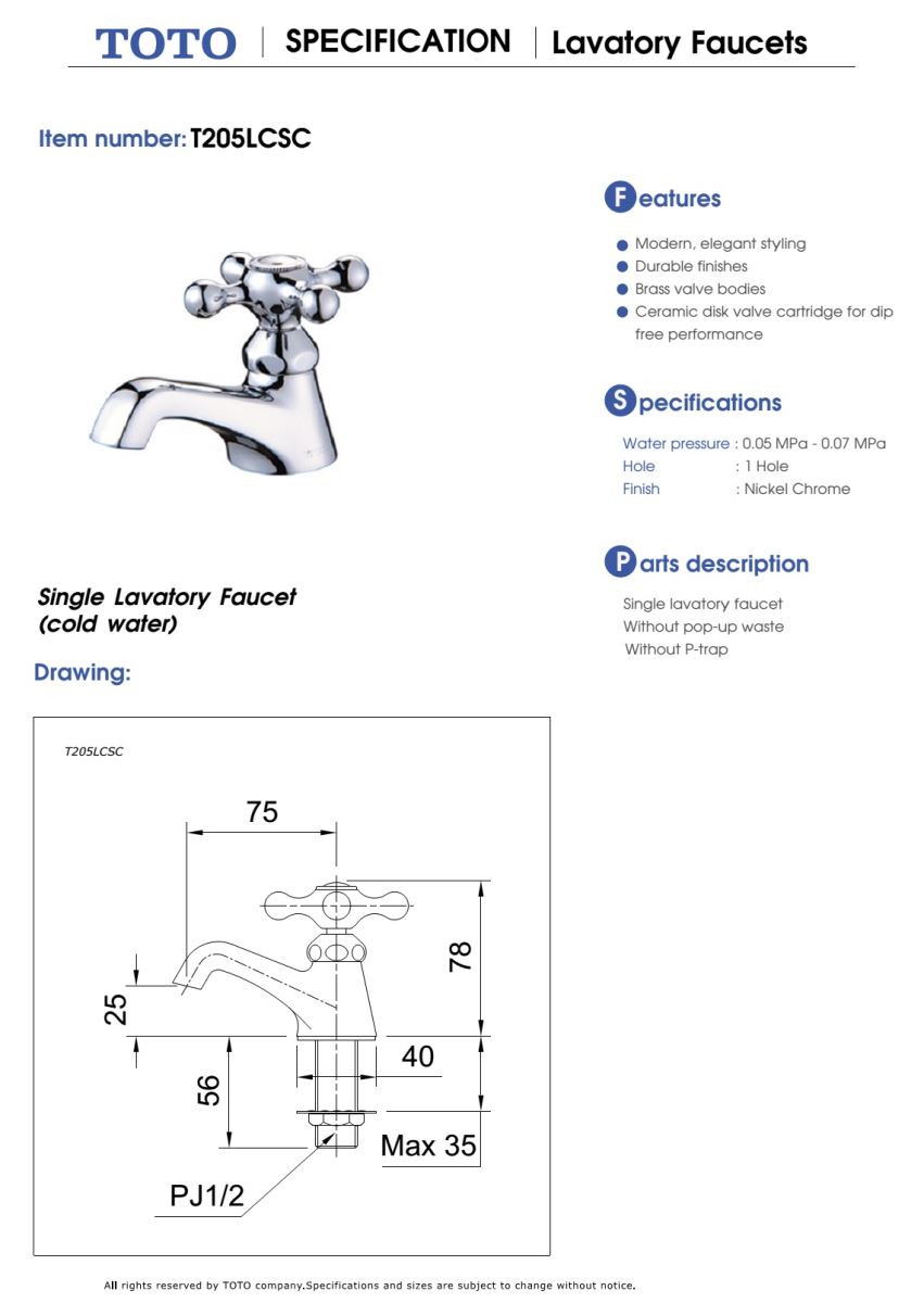 bản vẽ kỹ thuật Vòi chậu nước lạnh TOTO T205LCSC