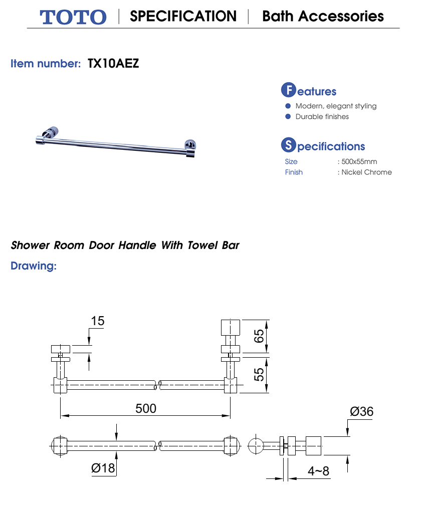 Tay nắm vách tắm đứng TOTO TX10AEZ bản vẽ kỹ thuật