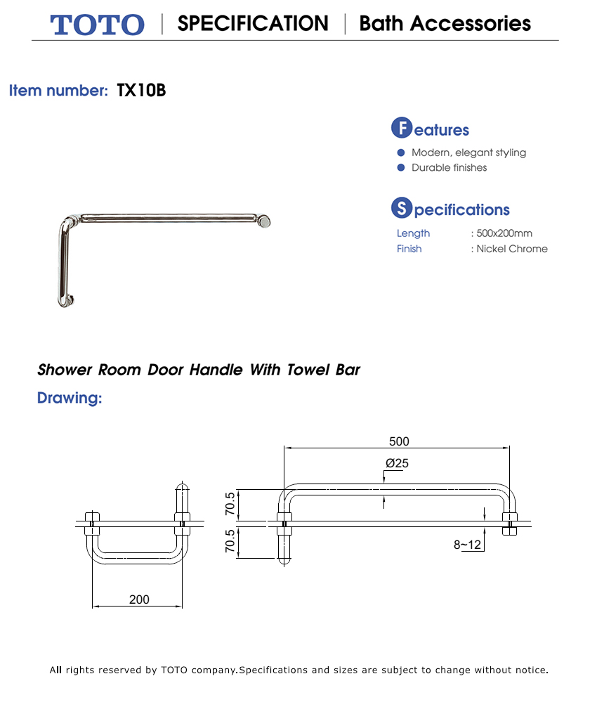 Tay nắm vách tắm đứng TOTO TX10B bản vẽ kỹ thuật