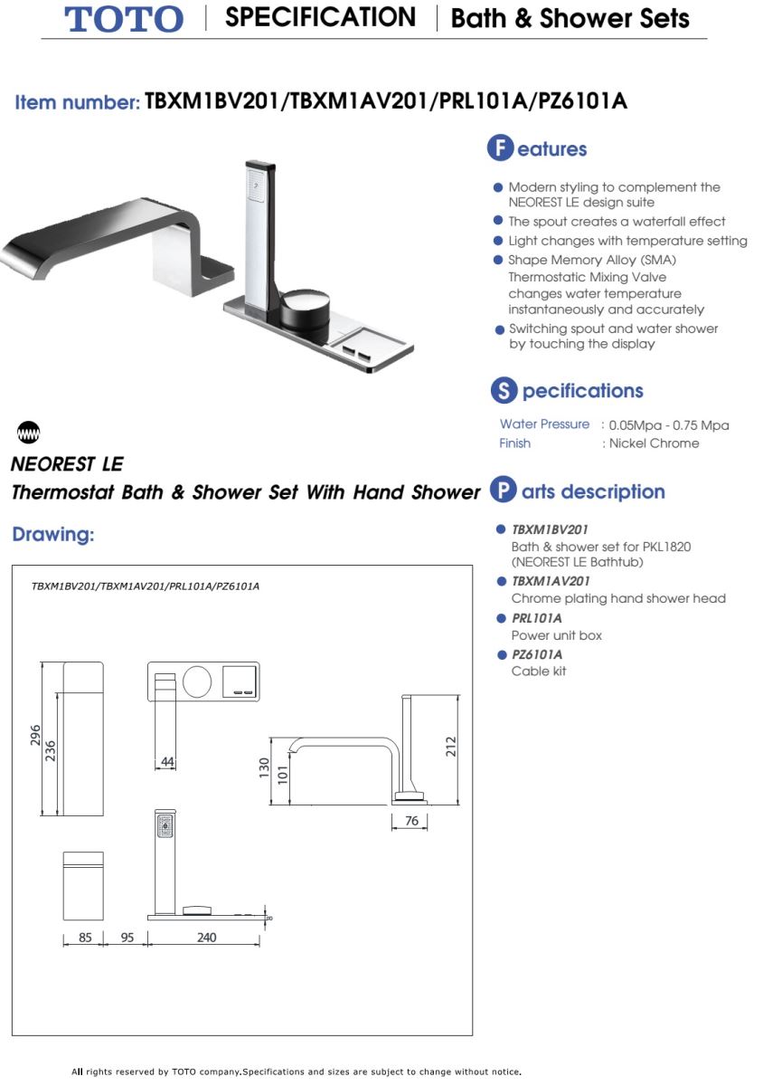 Bản vẽ Bộ vòi xả bồn nhiệt độ TOTO TBXM1BV201/TBXM1AV201