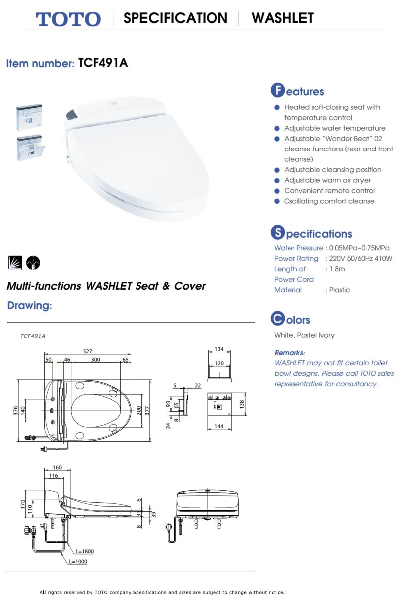 Nắp cầu TOTO TCF491A BẢN VẼ KỸ THUẬT