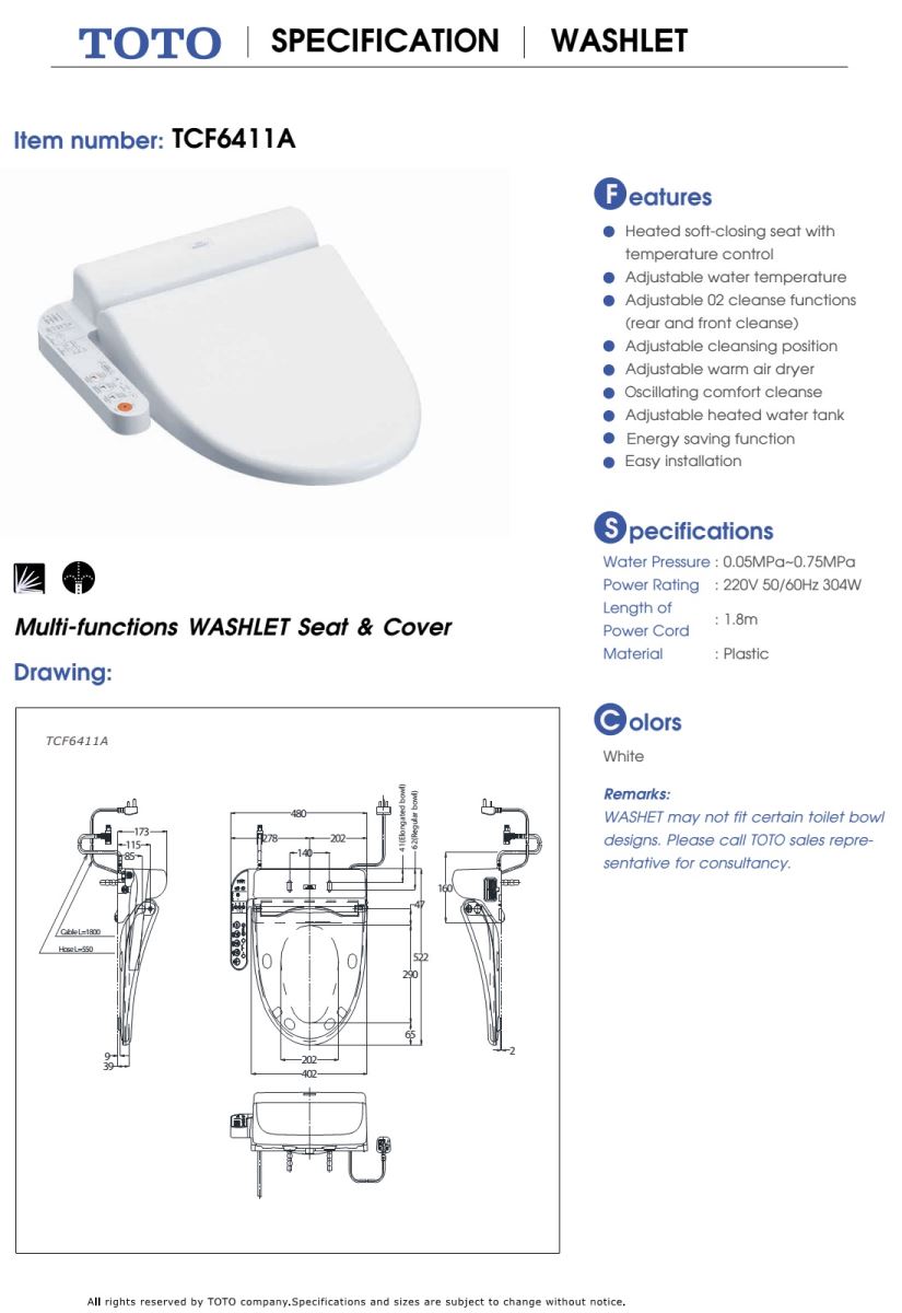 Nắp cầu TOTO TCF6411A BẢN VẼ KỸ THUẬT