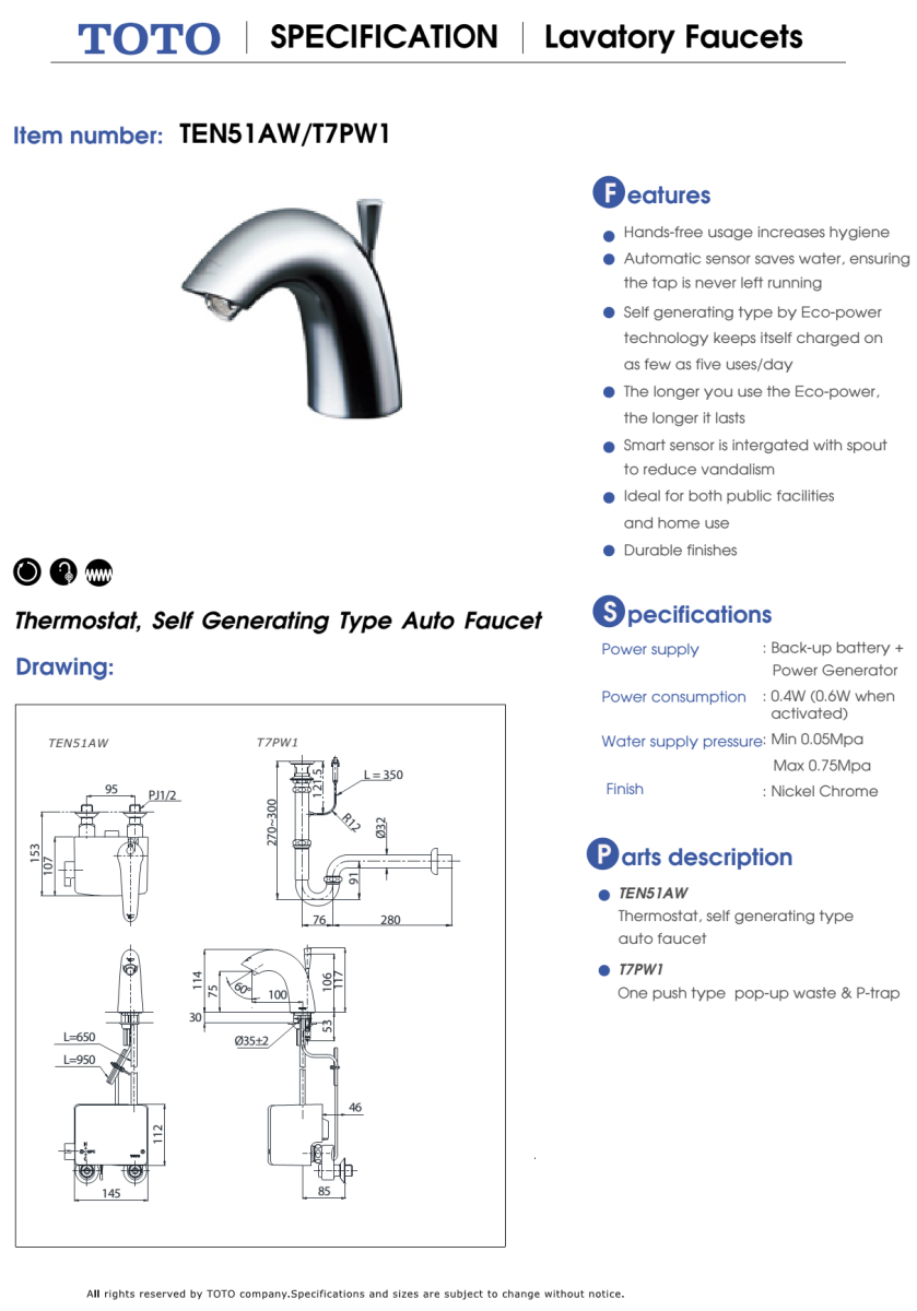 Vòi cảm ứng TOTO TEN51AWX/T7PW1 bản vẽ kỹ thuật