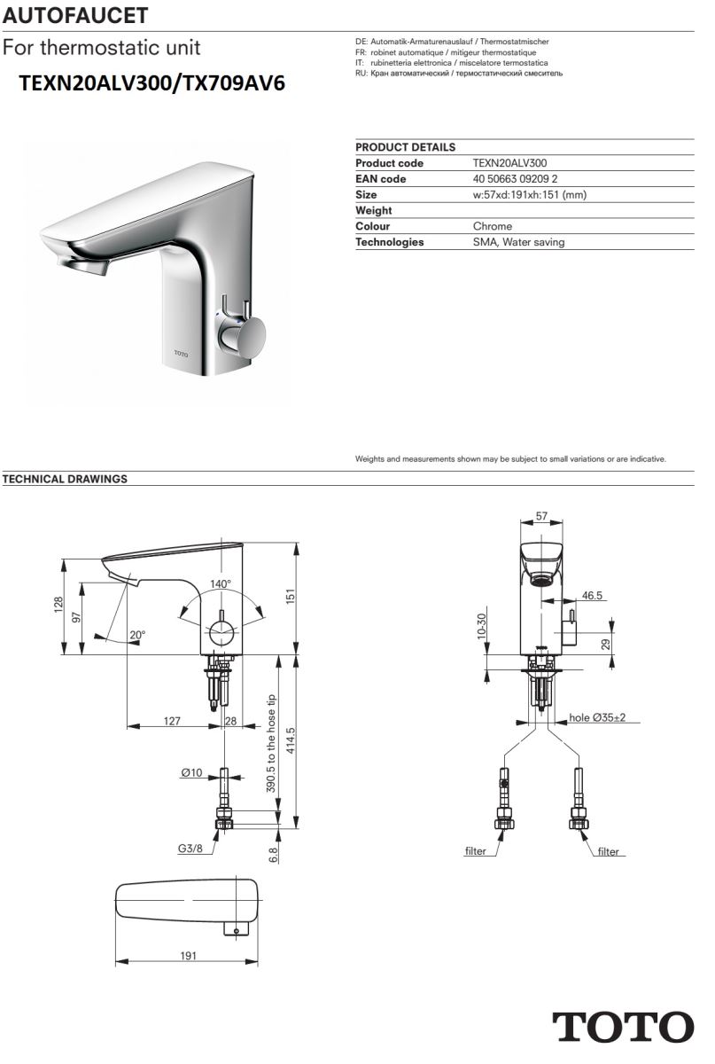 Vòi cảm ứng TOTO TEXN20ALV300/TX709AV6 bản vẽ kỹ thuật