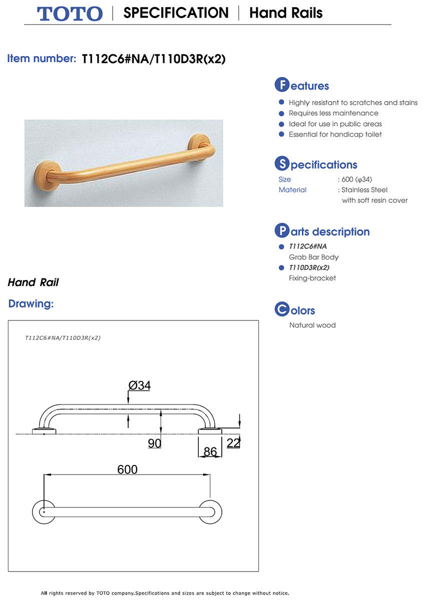 Thanh tay vịn TOTO T112C6#SY bản vẽ kỹ thuật