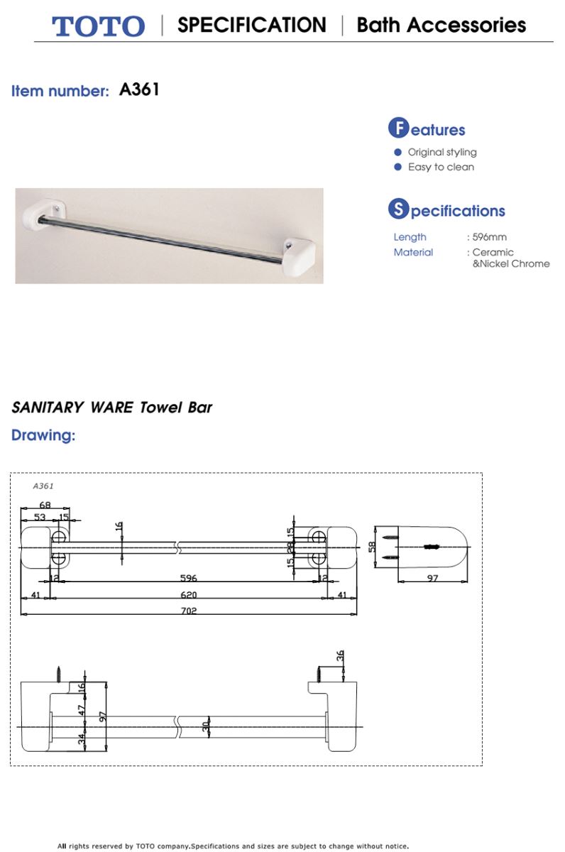 Thanh vắt khăn TOTO A361#W bản vẽ kỹ thuật