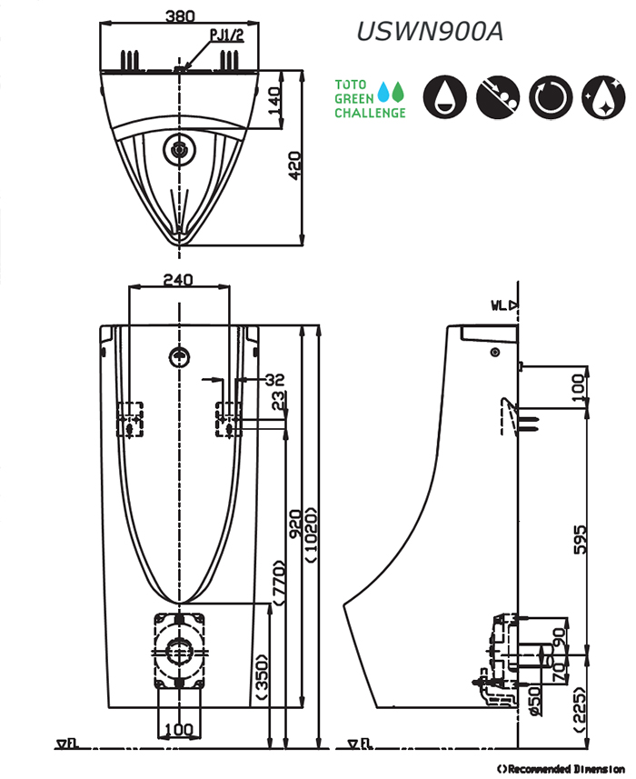 Tiểu nam TOTO USWN900A bản vẽ kỹ thuật