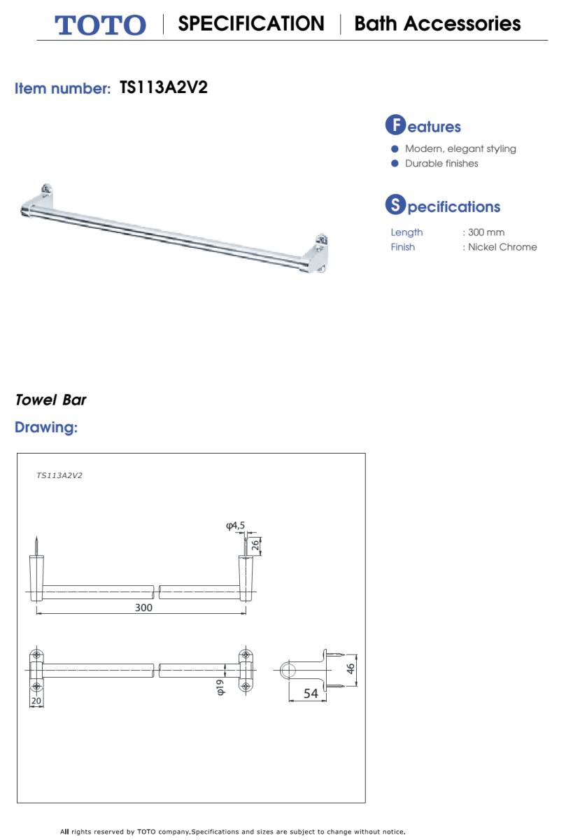 Thanh vắt khăn TOTO TS113A2V2 BẢN VẼ KỸ THUẬT