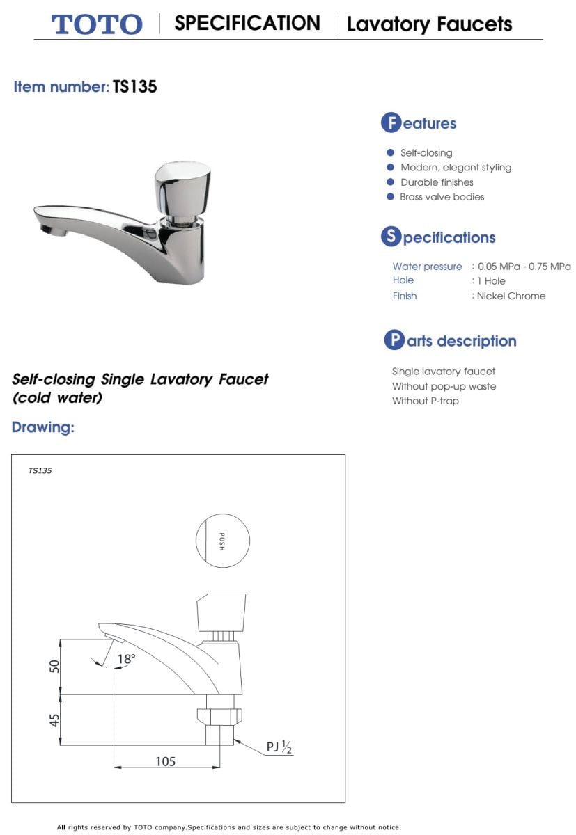 Vòi bán tự động TOTO TS135 BẢN VẼ KỸ THUẬT