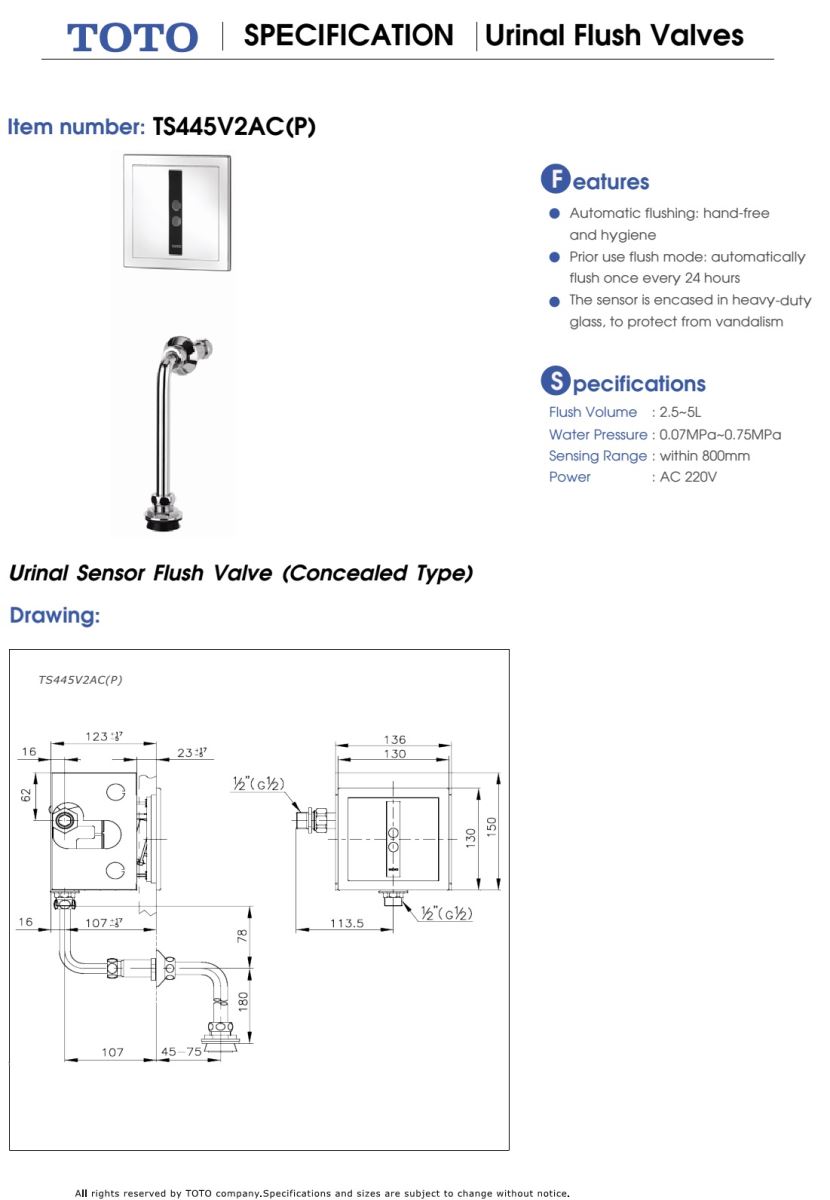 Van xả tiểu Nam TOTO TS445V2AC(P) bản vẽ kỹ thuật Van xả tiểu Nam TOTO TS445V2AC(P) bản vẽ kỹ thuật