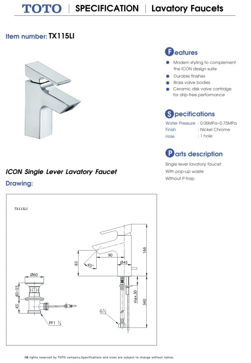 Bản vẽ kỹ thuật Vòi chậu nóng lạnh TOTO TX115LI
