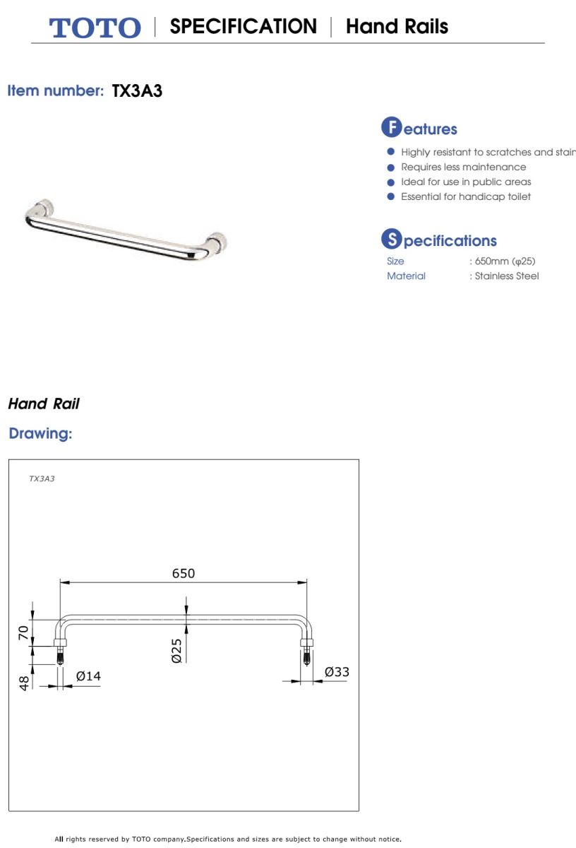 Thanh tay vịn TOTO TX3A3 BẢN VẼ KỸ THUẬT