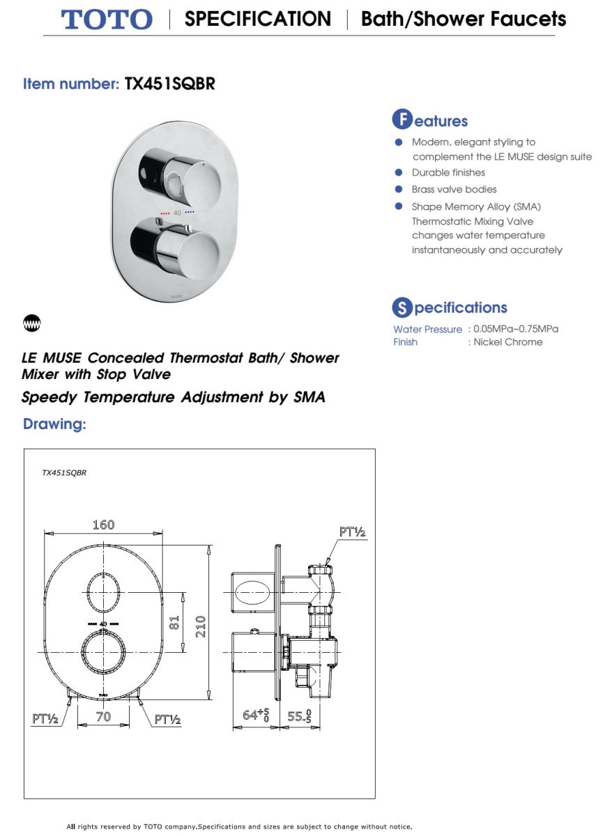 Bản vẽ kỹ thuật Van điểu chình nóng lạnh TOTO TX451SQBR