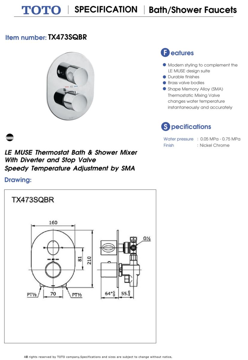 Bản vẽ kỹ thuật TX473SQBR Van điểu chình nóng lạnh TOTO TX473SQBR