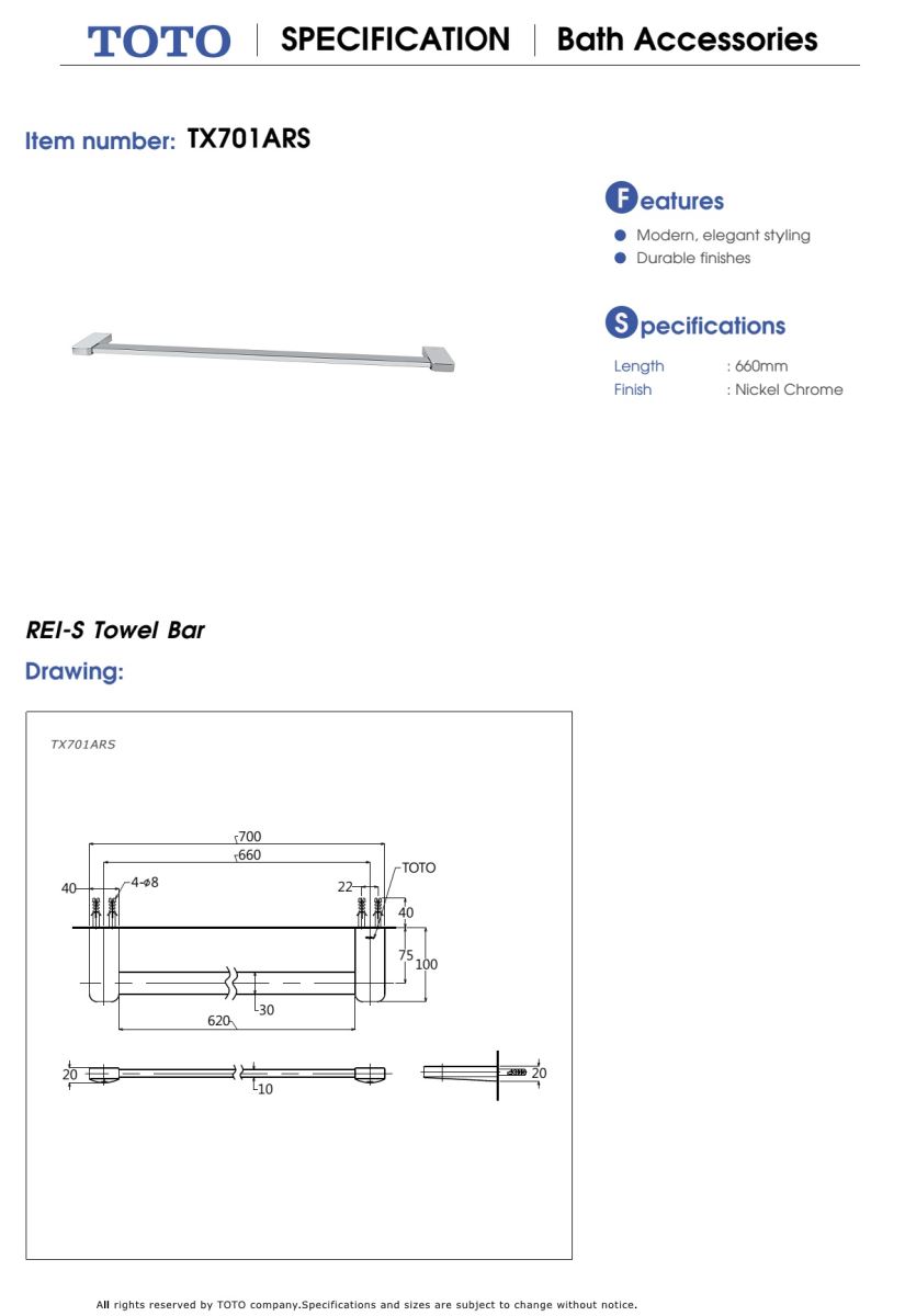 Thanh vắt khăn TOTO TX701ARS BẢN VẼ KỸ THUẬT