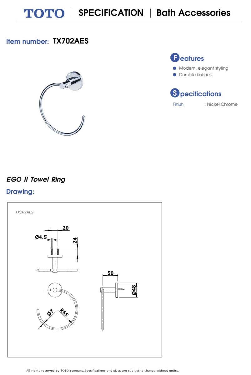 Vòng treo khăn TOTO EGO II TX702AES Bản vẽ kỹ thuật