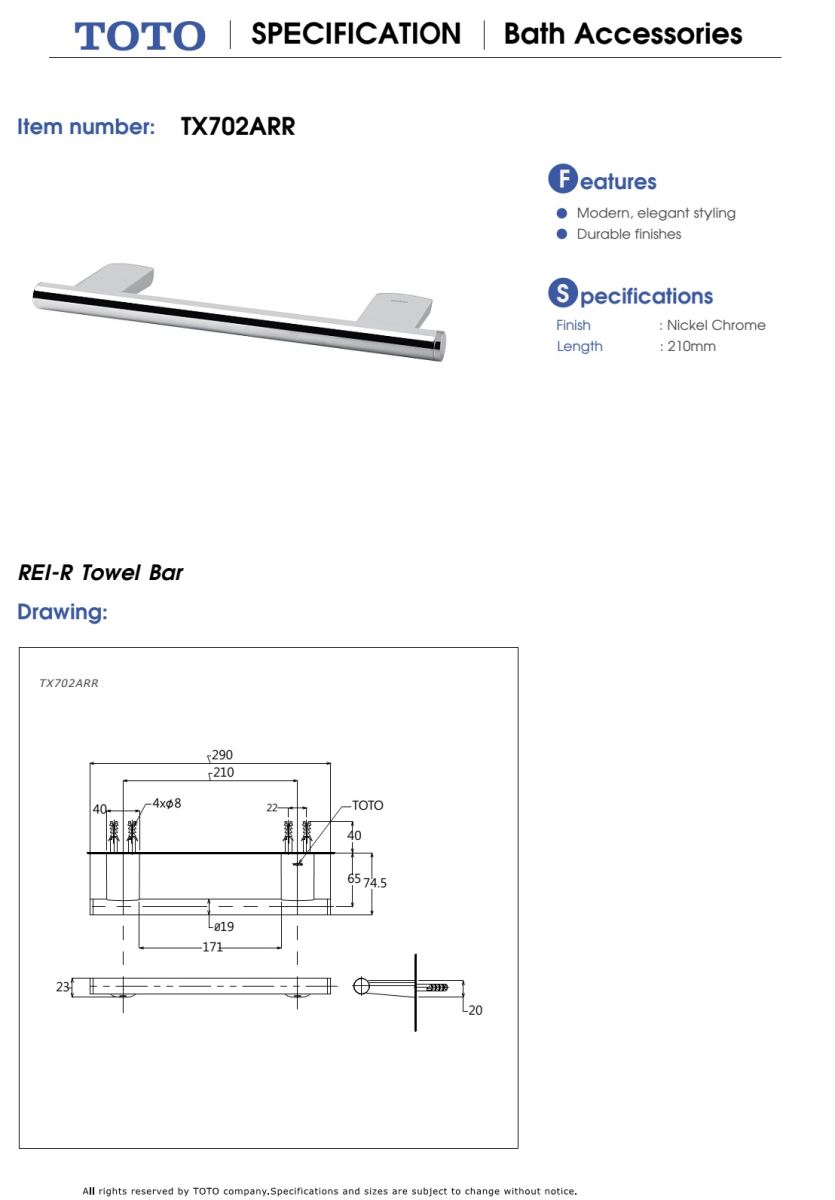 Thanh vắt khăn TOTO TX702ARR BẢN VẼ KỸ THUẬT