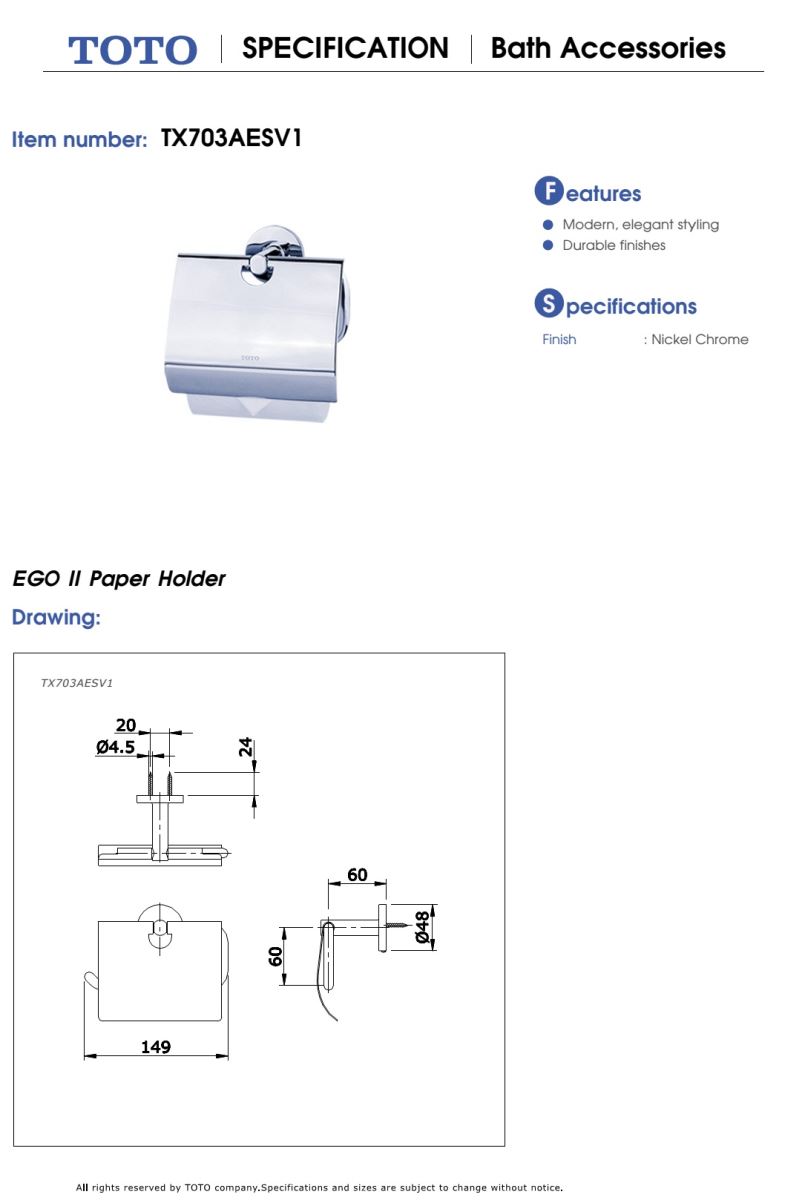 Lô lấy giấy vệ sinh TOTO EGO II TX703AESV1 bản vẽ kỹ thuật