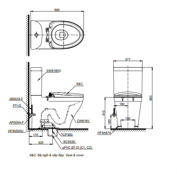 Bản vẽ kỹ thuật Bàn cầu TOTO 2 khối CS818DT3(CST818DRS1)