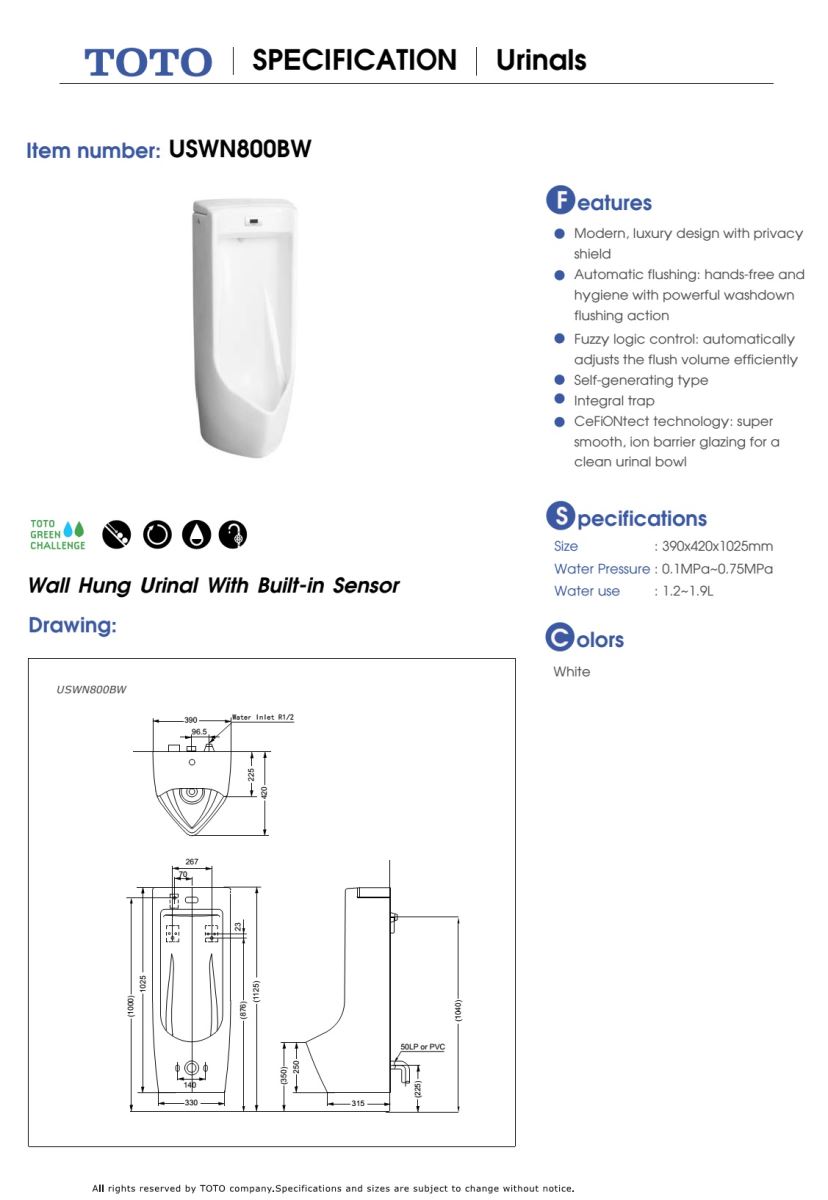 Tiểu Nam TOTO USWN800BW bản vẽ kỹ thuật