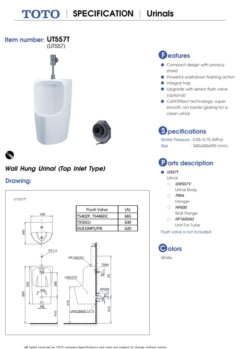 Tiểu Nam toto UT557 bản vẽ kỹ thuật