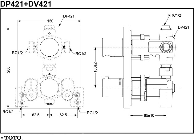 Van điều chỉnh nóng lạnh TOTO DP421/DV421 bản vẽ kỹ thuật