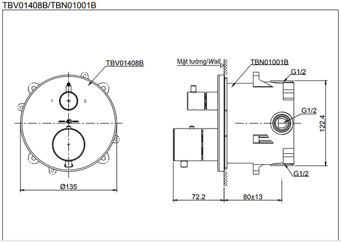 Bản vẽ kỹ thuật của van điều chỉnh nhiệt độ TOTO TBV01408B