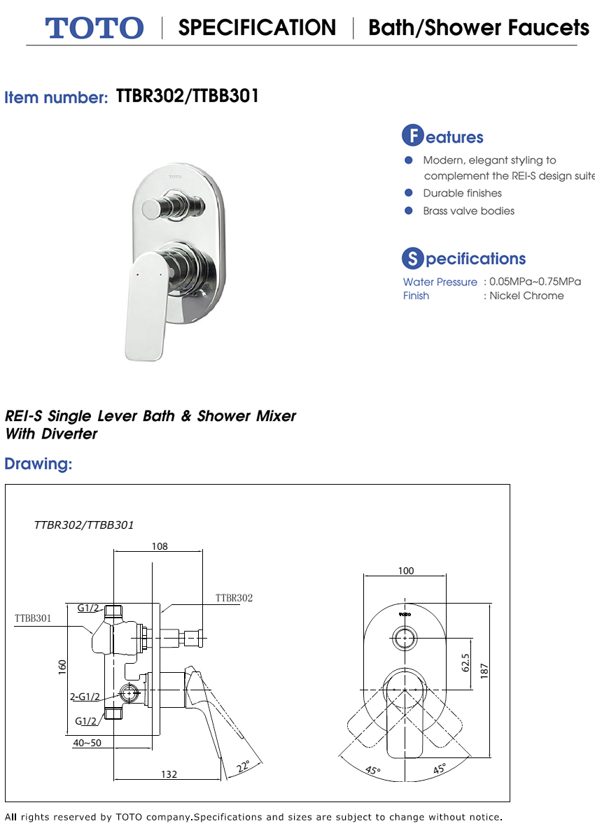 Van điều chỉnh nóng lạnh TOTO TTBR302/TTBB301 bản vẽ kỹ thuật