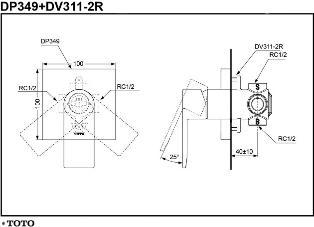 Van gật gù nóng lạnh TOTO DP349/DV311-2R bản vẽ kỹ thuật