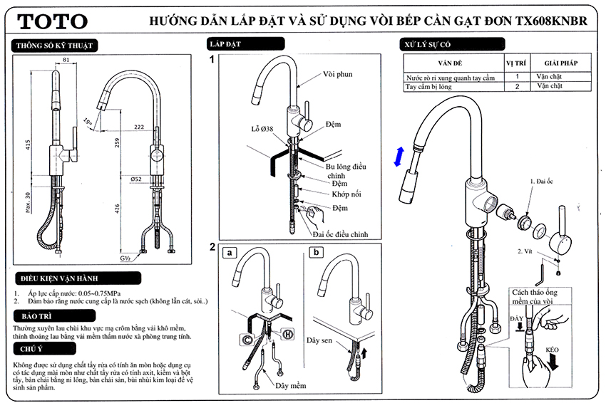 Vòi rửa bát nóng lạnh TOTO TX608KNBR hướng dẫn sử dụng