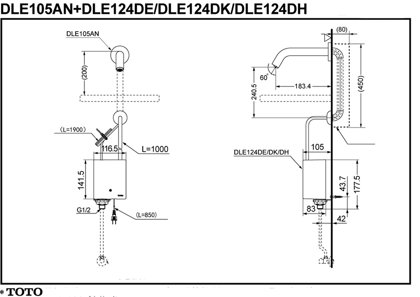 Vòi cảm ứng TOTO DLE105AN/DLE124DH/DLE424SMA bản vẽ kỹ thuật