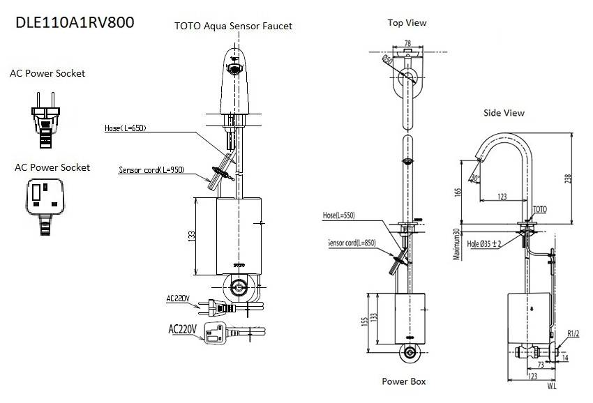 Vòi cảm ứng TOTO DLE110A1RV800/TN78-9V800 bản vẽ kỹ thuật
