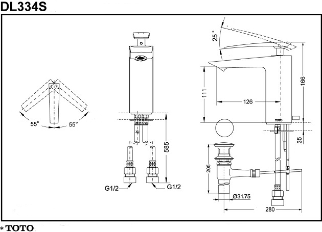 Vòi chậu nóng lạnh TOTO DL334S bản vẽ kỹ thuật